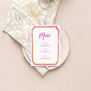 MODELO de menu de jantar com borda em aquarela, menu ondulado moderno, aparência personalizada, menu, rosa e amarelo, para impressão, menu de casamento, 5x7
