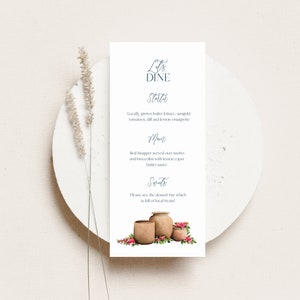 Modèle de menu de mariage, carte de menu imprimable, mariage à thème jardin, mariage à destination, mariage à thème méditerranéen, 4 x 9, modèle de carte de menu