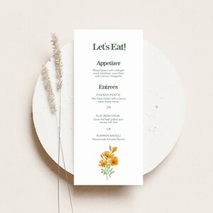 Modelo de cartão de menu, menu de papoula da Califórnia, cartão de menu para impressão, menu de jantar com tema de flores silvestres, modelo de cartão de menu, menu de casamento Boho