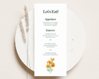 Plantilla de menú de amapola de California: Cena de boda con flores silvestres (descarga digital)