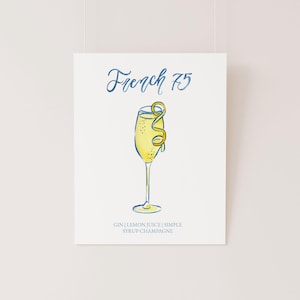 French 75 Watercolor Cocktail Menu TEMPLATE, Signature Drink Menu, Look of Custom, Hand lettering, Bridal Cocktail Sign, 8x10