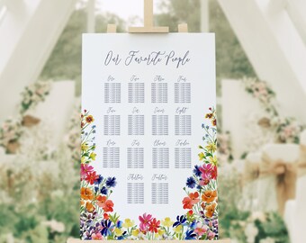 May include: A wedding seating chart with a floral border. The chart is titled "Our Favorite People" and lists tables numbered one through fourteen. Each table has a list of names with first and last names.