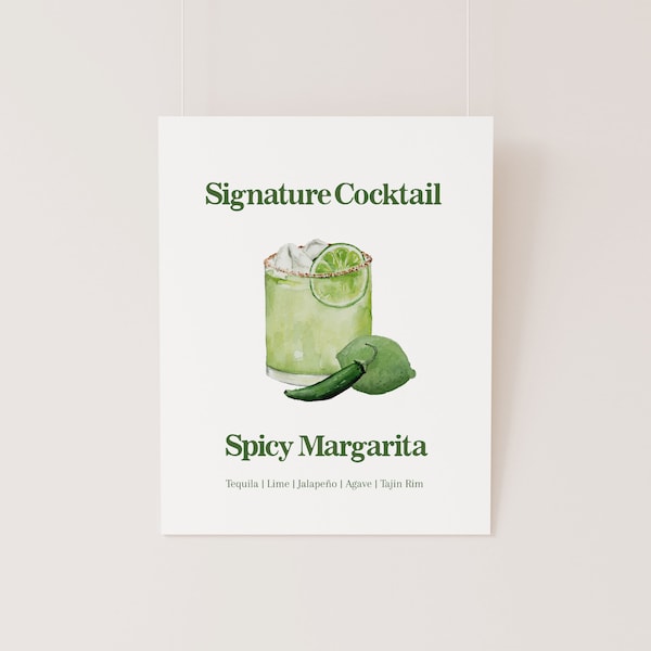 Spicy Margarita Watercolor Cocktail Menu TEMPLATE, Signature Drink Menu, Watercolor Bar Menu, Margarita with Spicy Salt, 8x10, Drink Menu