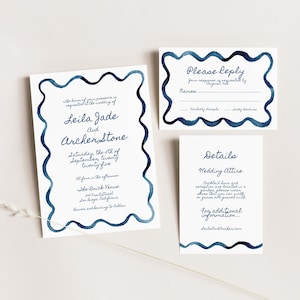 Watercolor Scallop Wedding Invitation TEMPLATE, Loopy Watercolor Squiggle, Indigo Blue, Modern Wavy, Printable Invitation Suite, Wavy Edge