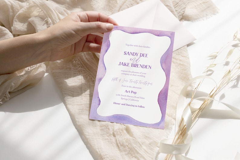 Purple Squiggle Design Wedding Invitation TEMPLATE, Funky retro watercolor, Lilac color invitations, purple wedding, palm springs, Scallop image 9