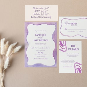 Purple Squiggle Design Wedding Invitation TEMPLATE, Funky retro watercolor, Lilac color invitations, purple wedding, palm springs, Scallop image 4