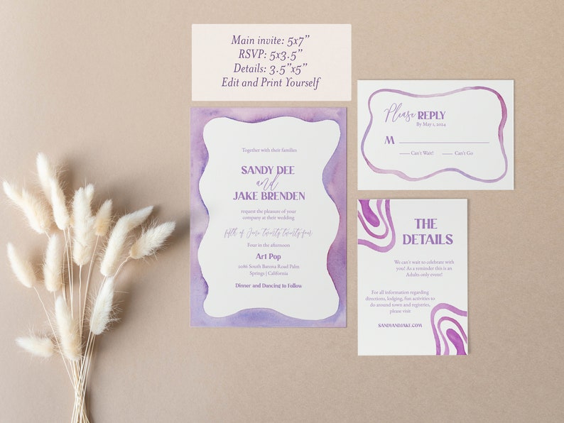 Purple Squiggle Design Wedding Invitation TEMPLATE, Funky retro watercolor, Lilac color invitations, purple wedding, palm springs, Scallop image 4