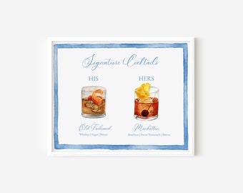 Signature Cocktail TEMPLATE Watercolor, His and Her, 24 Cocktails, Moscow Mule, Margarita, Paloma, Old Fashioned, Light Blue Border, 8x10