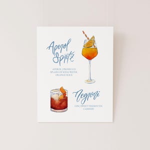 Aperol Spritzer en Negroni aquarel cocktailmenu sjabloon, kenmerkend drankje menu, look of custom, handbelettering, trouwbar, 8 x 10