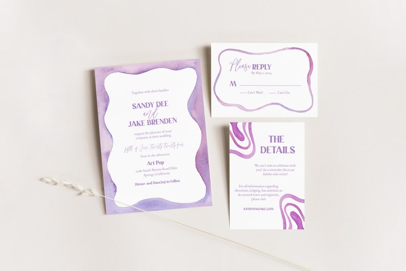 Purple Squiggle Design Wedding Invitation TEMPLATE, Funky retro watercolor, Lilac color invitations, purple wedding, palm springs, Scallop image 8