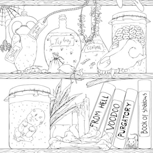 Witches shelf Coloring Page. Gothic Digital Download.