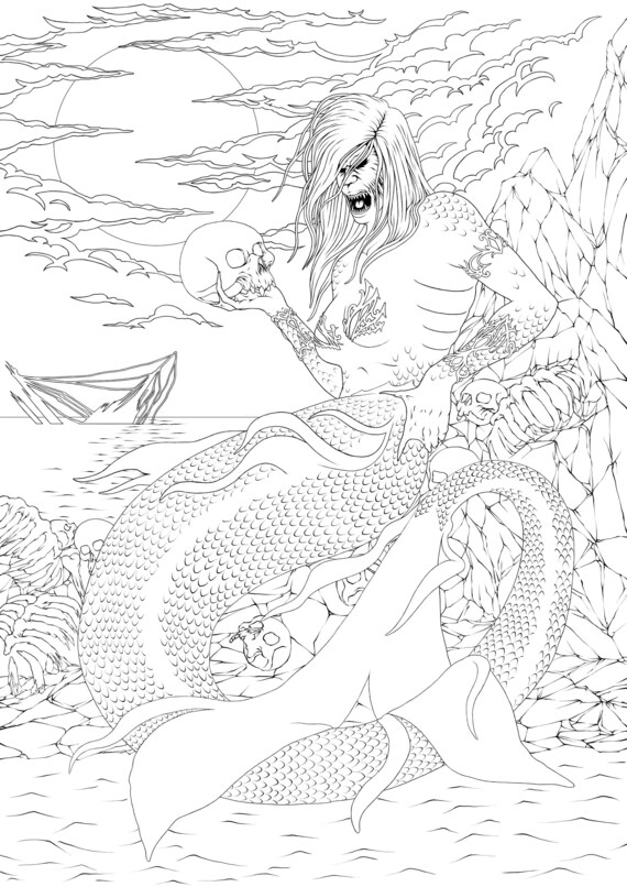 Siren mermaid Coloring Page. Gothic Digital Download | Etsy
