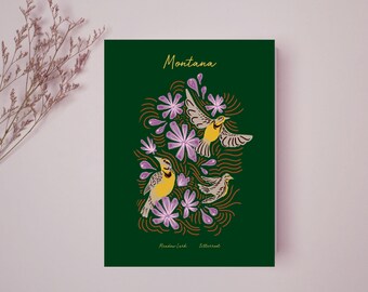 Montana Folk Art Print: Western Meadowlark & Bitterroot (Digital Download, 18x24 inches)
