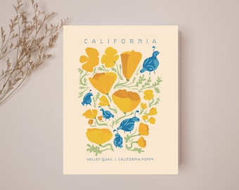 California Poppy & Valley Quail Art Print: Golden State Illustration (Digital Download)