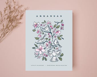 Arkansas State Digital Download | Northern Mockingbird & Apple Blossom Art | Printable Arkansas Wall Decor
