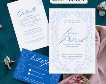 Light Blue Floral Wedding Invitation Suite | Editable Canva Template (Digital Download)