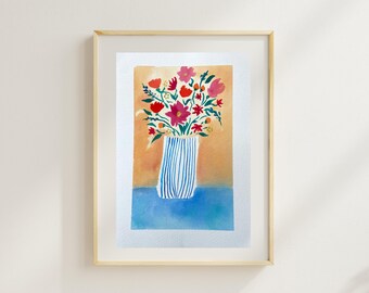Original Watercolor Floral Bouquet Painting – Striped Vase Art, Modern Home Decor