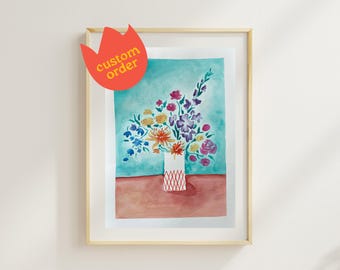 Custom Watercolor Painting of Floral Bouquet in Vase