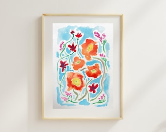 Original Watercolor Floral Painting – Colorful Botanical Wall Decor – Modern Folk Art Style