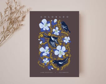 Rustic Colorado Wall Art – Hand-Drawn Lark Bunting and Columbine Folk Digital Download