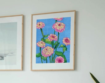 Zinnia Flower Print with Lady Bug - Botanical Wall Art (Digital Print)