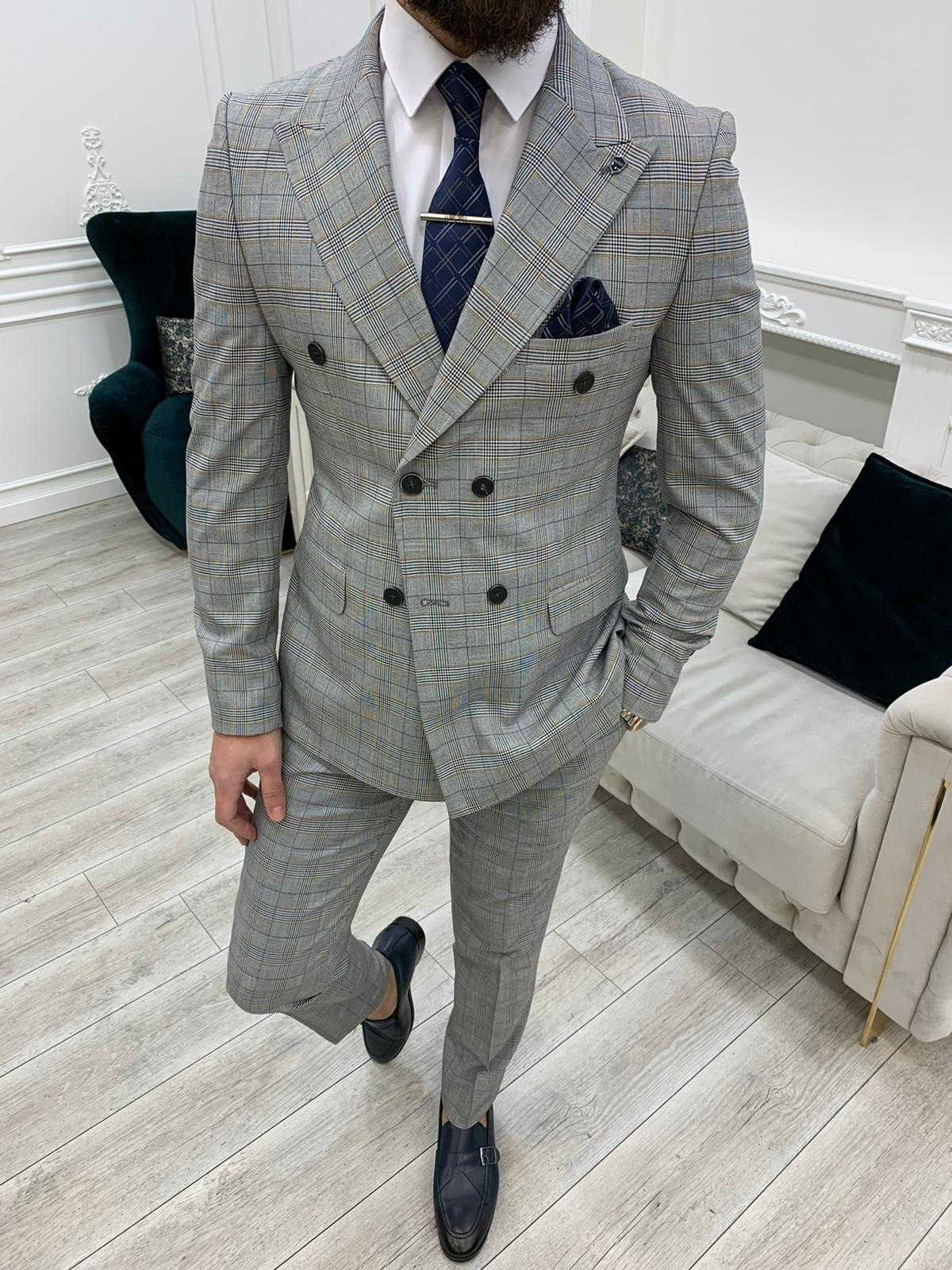Plaid Grey Slim-fit Double Breasted Suit Mens Suit Grey 2 - Etsy