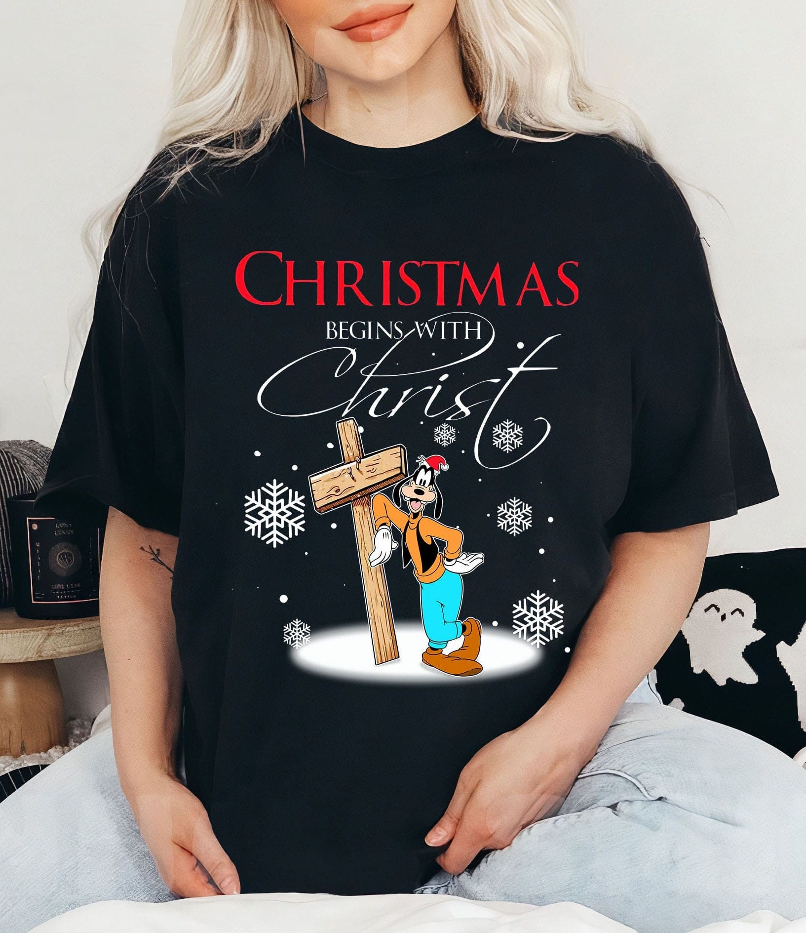 Discover Disney Santa Goofy T-Shirt, Christmas Begins With Christ Tee