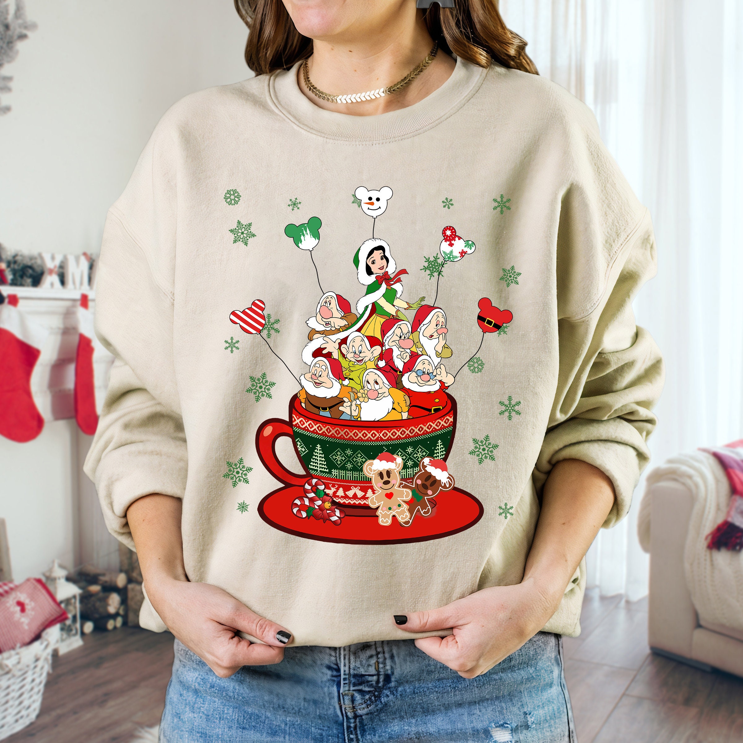 Discover Disney Snow White and Seven Dwarfs Group Christmas Coffee Cup Balloon Sweatshirt