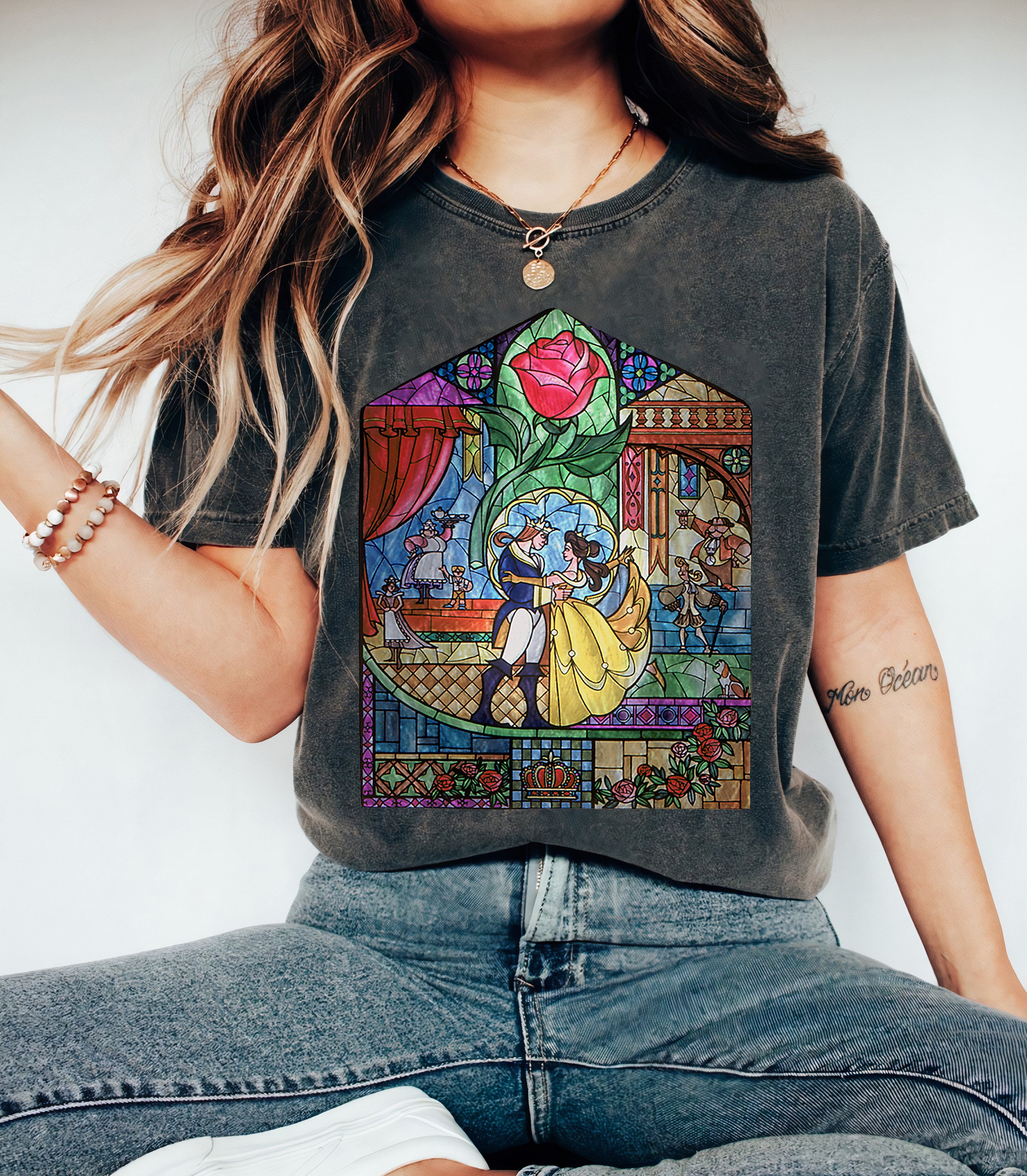 Disney Beauty & The Beast Stained Glass Rose Graphic T-Shirt