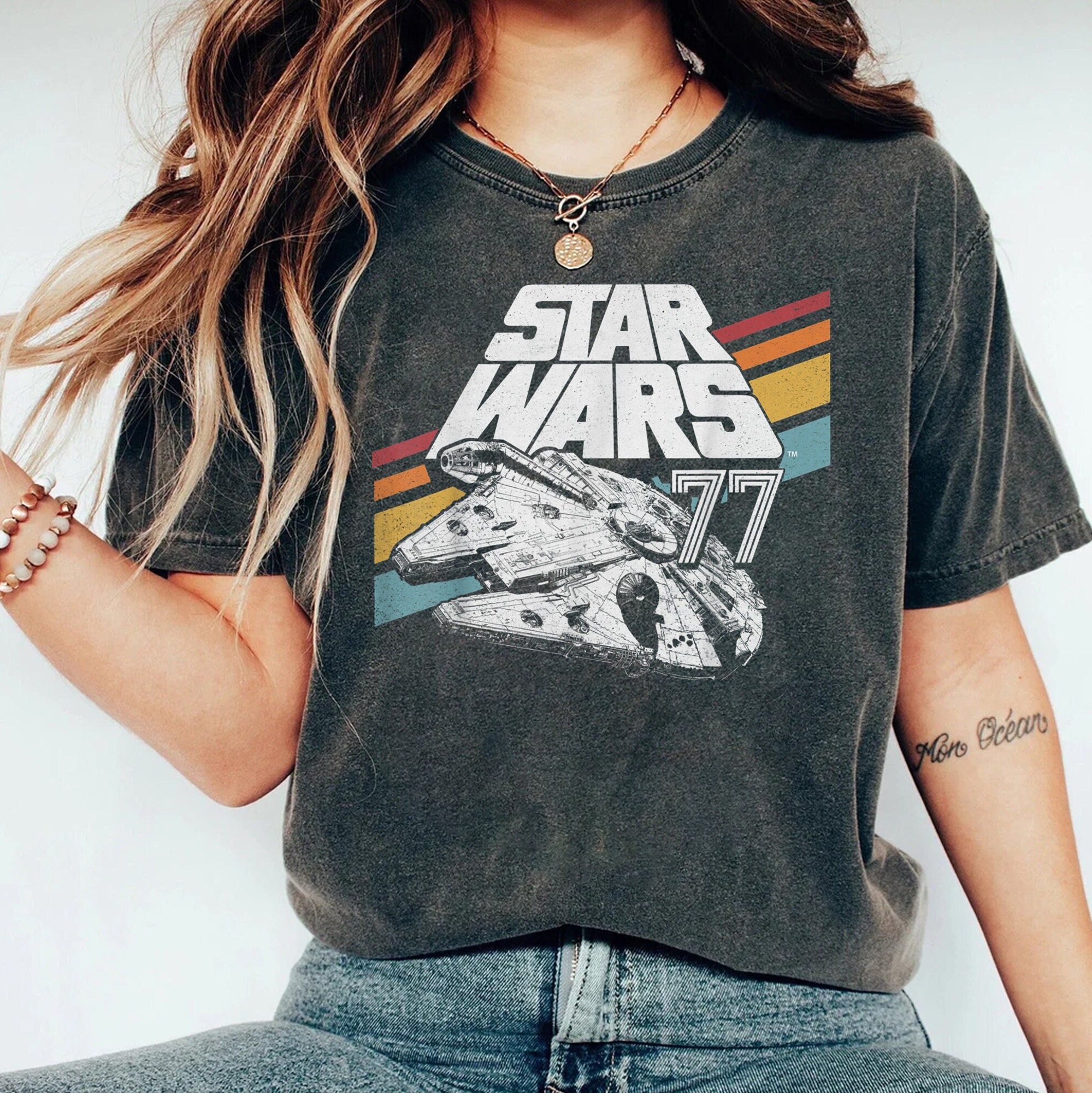 Discover Retro Disney Star Wars Millennium Falcon Retro Rainbow Stripe Shirt