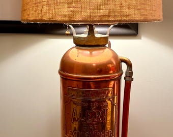 Antique Fire Extinguisher Lamp, Rustic Copper Light, Firefighter