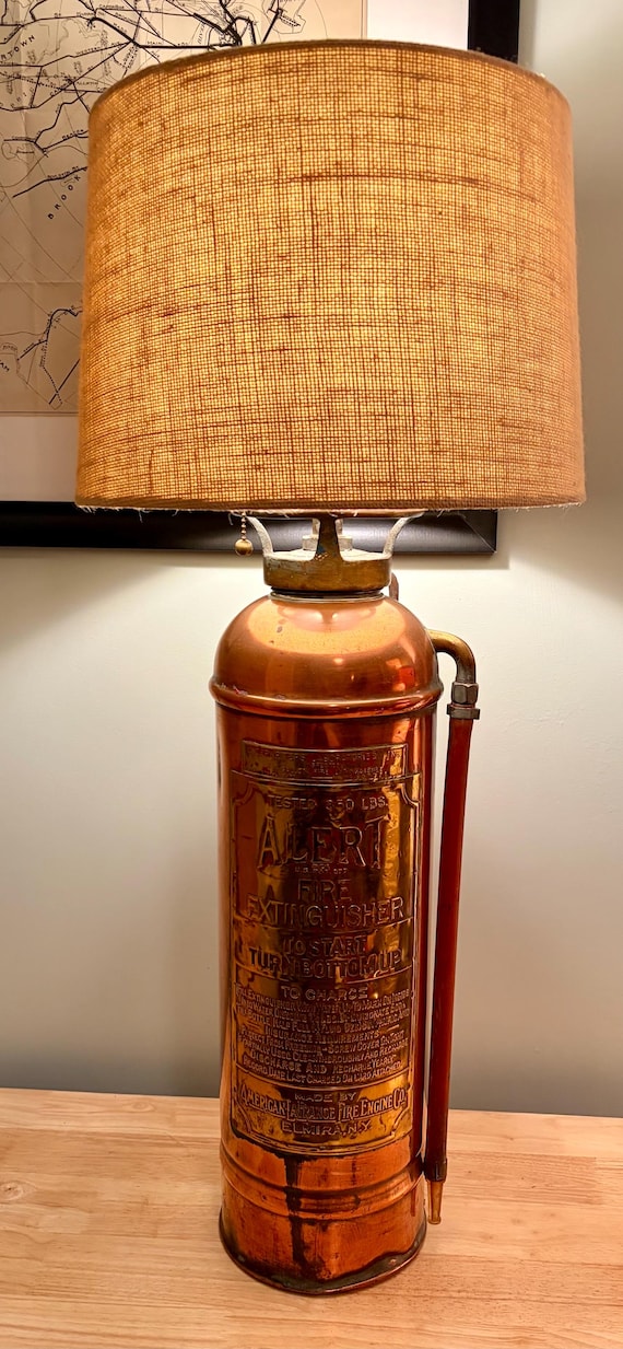Antique Fire Extinguisher Lamp, Rustic Copper Light, Firefighter
