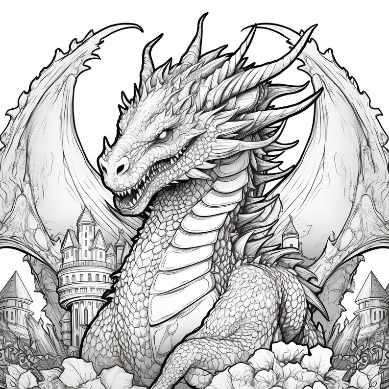 Printable Digital Dragon Coloring Book: Epic Dragons, 70-pages PDF/PNG ...