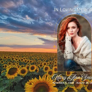 May include: A memorial card with a photo of a woman with red hair in a field of sunflowers. The text reads "In Loving Memory Mary Ann Smith November 5, 1948 - August 25, 2024".