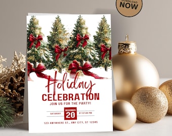 Invitación para fiesta navideña, plantilla de tarjeta de Navidad, Canva editable, diseño de árbol y nieve, descarga digital