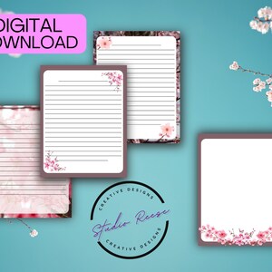 Printable Stationery Set, US letter size 8 1/2 x 11 PDF, Instant download stationery paper pack, Printable Cherry Blossom Stationery,