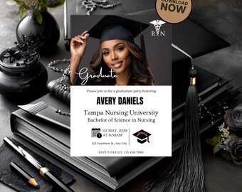 Plantilla de invitación para la graduación de enfermeras registradas: Anuncio moderno para la fiesta de graduación de enfermeras registradas (descarga digital)