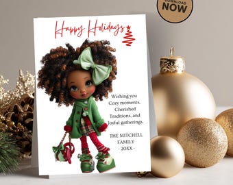 Tarjeta navideña editable para descargar, Niña afroamericana, Felices fiestas, Saludo navideño, Digital