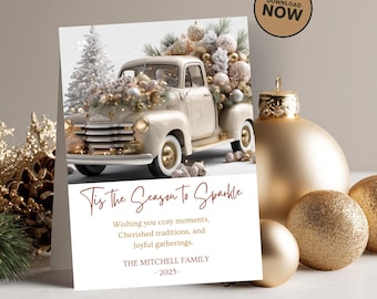 Tarjeta navideña vintage con camión, plantilla editable para Canva, descarga digital, tarjeta de felicitación de 5x7 pulgadas