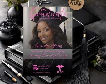 Invitación de graduación de enfermería (RN): Plantilla editable de Canva (descarga digital)
