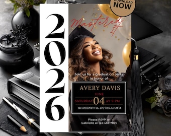Invitación a la fiesta de graduación de Mastered It 2026 / Plantilla editable de Canva / Anuncio de graduación universitaria imprimible