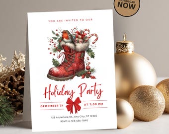 Bota navideña festiva, plantilla editable de Canva, invitación para fiesta, descarga digital, tarjeta navideña