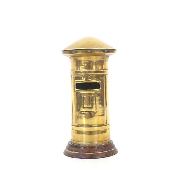 Quality Vintage British Postbox Money Box in Solid Brass with Wooden Base || Novelty Retro Brass Piggy Bank with Screw Lid and Patina