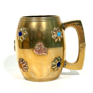 Vintage Brass Tankard with Cabochons || Retro Indian Brass Cup with Coloured Stones || Vintage Brass Mule's Mug with Copper Swan Decoration