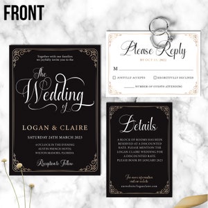 Black Wedding Invitation | Elegant wedding invite set | black and white double sided | RSVP Card | Details Card | Digital Download