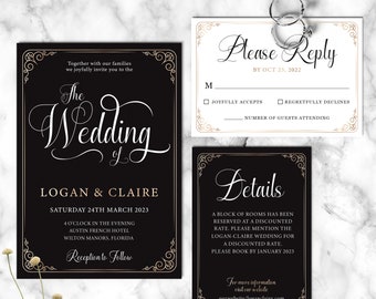 Black Wedding Invitation | Elegant wedding invite set | black and white double sided | RSVP Card | Details Card | Digital Download