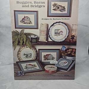 Ulotka z 1984 r. Thread Bear Designs Cross Stitch Pattern Buggys, Barns and Bridges