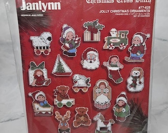 1992 Janlynn Christmas Cross Stitch Kit Jolly Christmas Ornaments Set of 18