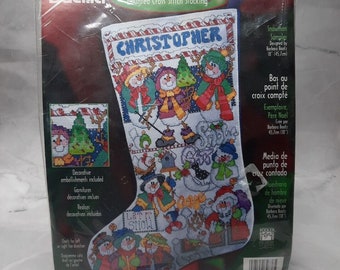 Vintage Bucilla Counted Cross Stitch Stocking Kit Snowman Sampler 18 inch