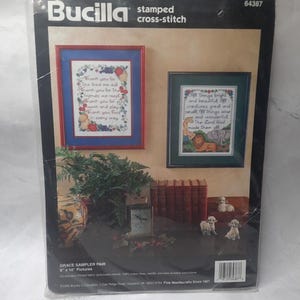 May include: A Bucilla stamped cross-stitch kit for 20.32 cm by 25.4 cm pictures, labelled Grace Sampler Pair. The packaging displays two framed cross-stitch designs with text, a clock, books, and small figurines on a table, all in a plastic bag.